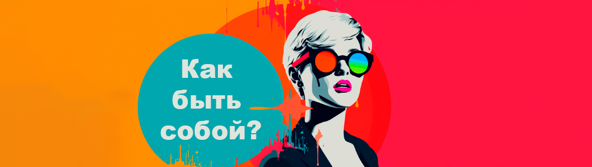 Портрет женщины в стиле поп-арт, надевшей круглые разноцветные очки. На её лице выражение, как будто она что-то говорит. Фон изображения яркий и однотонный, а на переднем плане расположен круг, внутри которого текст: Как быть собой?